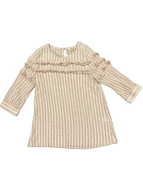 Listicle Womens L Beige White Striped Linen Blend Ruffle 3/4 Sleeve Blouse Top